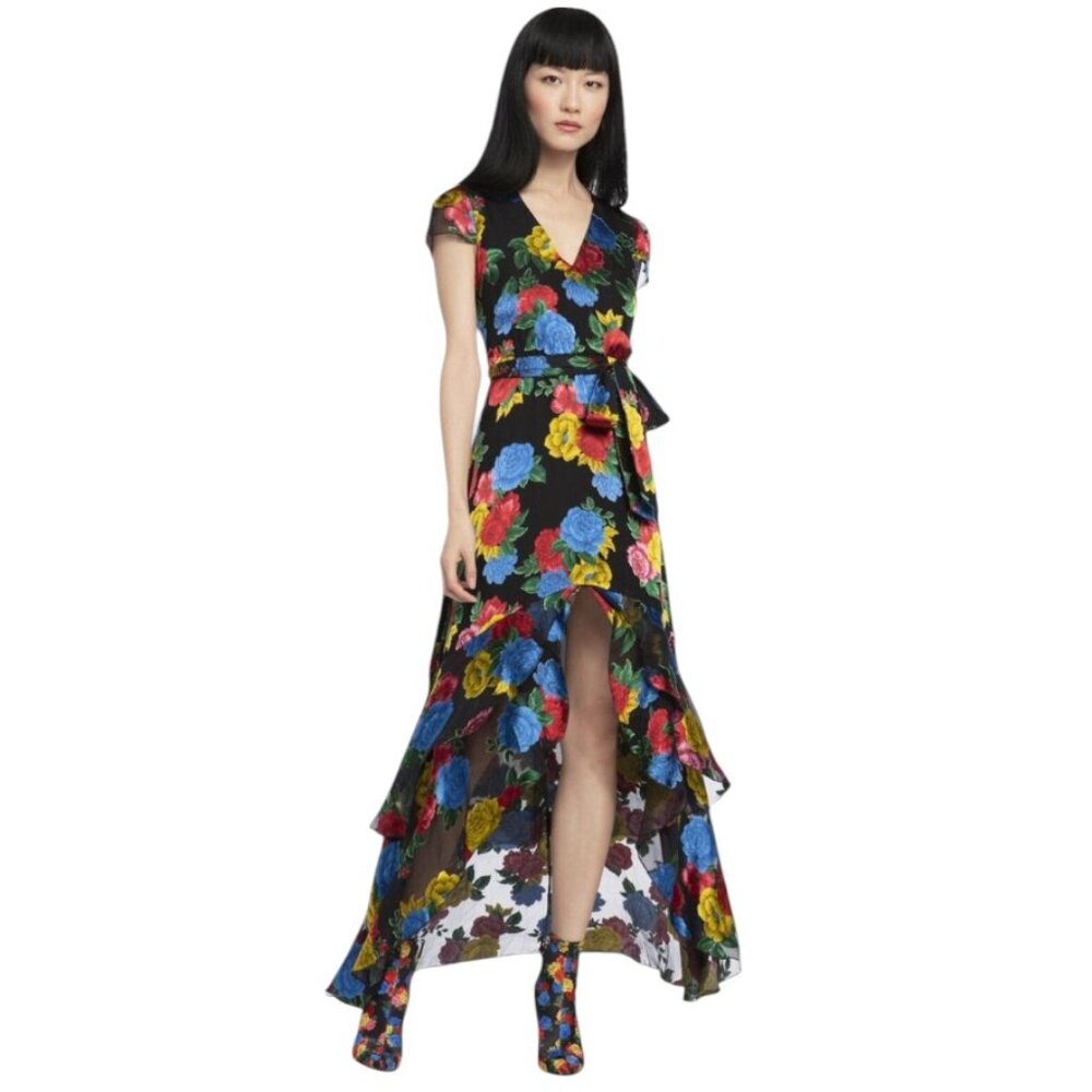 Alice + Olivia Silk Blend Erika Black Floral Print Ruffle Belted Dress - 6